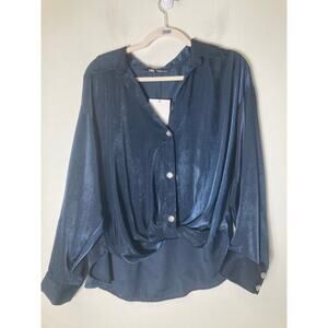 Zara Black Long Sleeve Button Up High Low Hem Size Large NWT